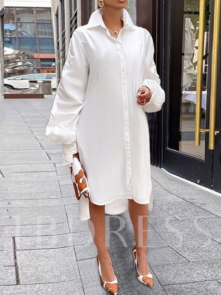Plus Size Pleated Mid-Calf Lapel Long Sleeve Asymmetrical Women's Dress