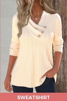 ROTITA Button Beige Asymmetrical Neck Long Sleeve Sweatshirt