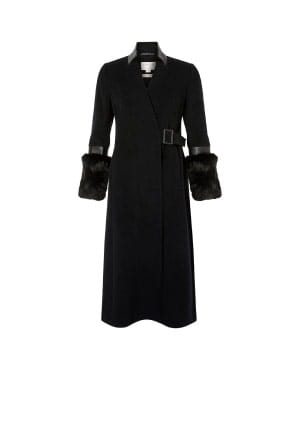 Faux fur cuff maxi coat in wool blend black