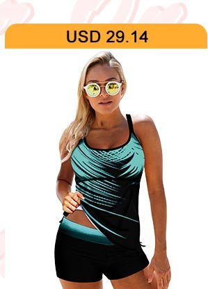 Strappy Back Cyan Palm Leaf Print Tankini Set 