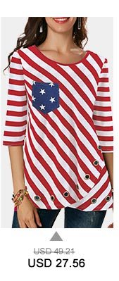 Three Quarter Sleeve Flag Print Red T Shirt