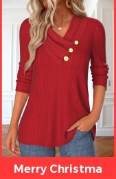 Red Button Long Sleeve V Neck T Shirt