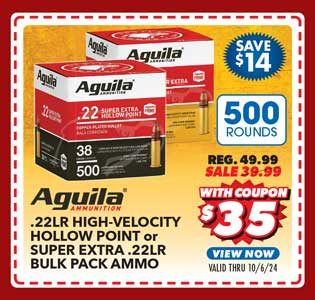 Aguila 22LR High Velocity Hollow Point or Super Extra 22LR Bulk Pack Ammo