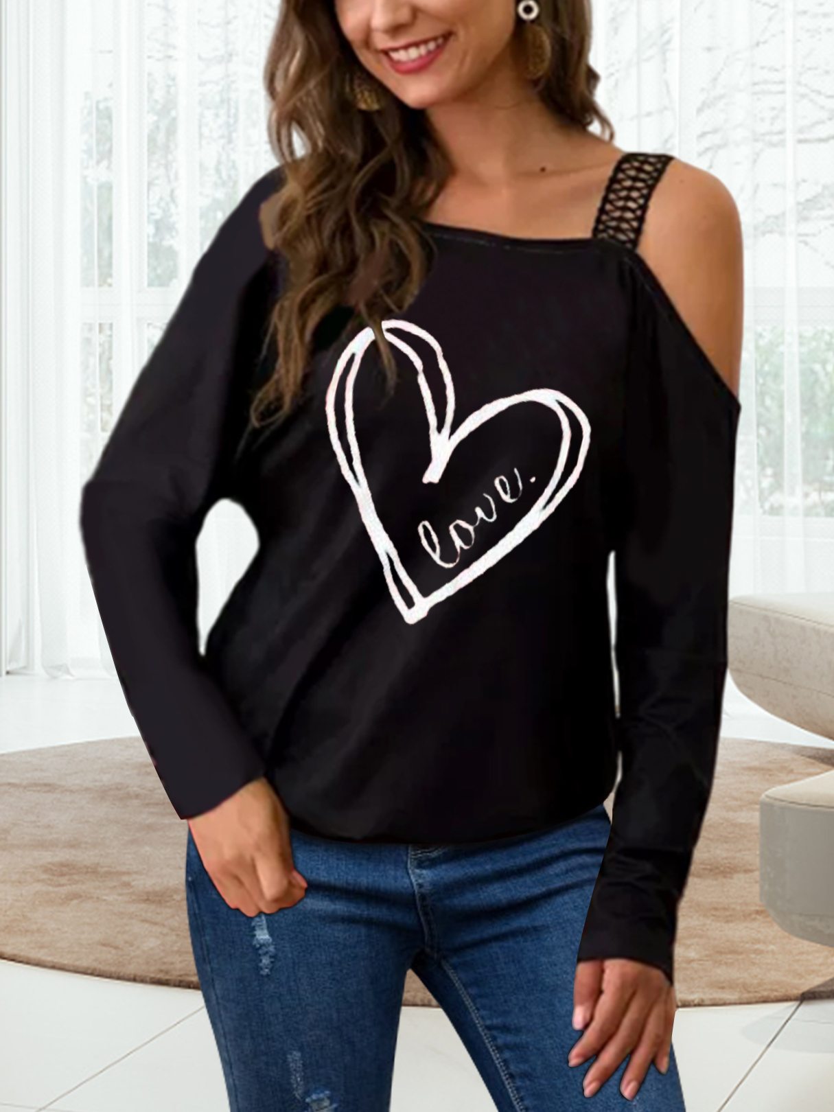 Graphic One Shoulder Long Sleeves Tee