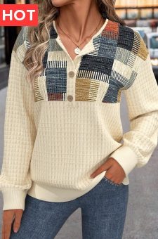 Light Yellow Button Geometric Print Long Sleeve Sweatshirt