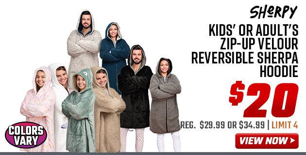 Sherpy Kids' or Adult's Zip-Up Velour Reversible Sherpa Hoodie