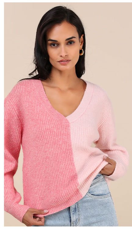 Image of Winter Crush Pink Color Block Pullover Sweater