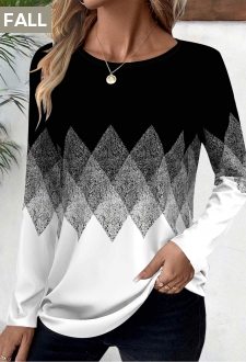 ROTITA Patchwork Geometric Print Black Boat Neck T Shirt