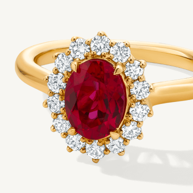 Lab-Grown Diamonds by KAY Oval-Cut Lab-Created Ruby Starburst Frame Ring 1/2 ct tw 14K Yellow Gold