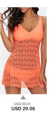 V Neck Laser Cut Coral Orange Swimdress and Panty