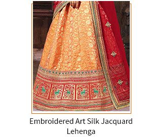 Embroidered Art Silk Jacquard Lehenga in Orange