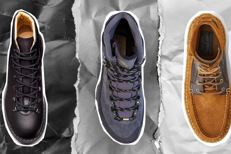 three fall boots for men on crinkle paper