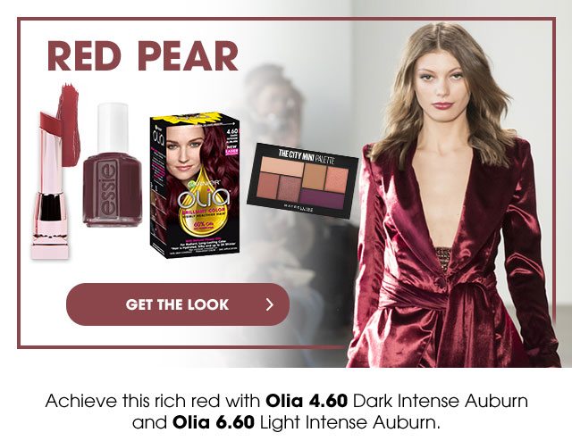 RED PEAR - GET THE LOOK > - Achieve this rich red with Olia 4.60 Dark Intense Auburn and Olia 6.60 Light Intense Auburn.