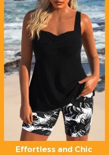 Surplice Feathers Print Black Tankini Set