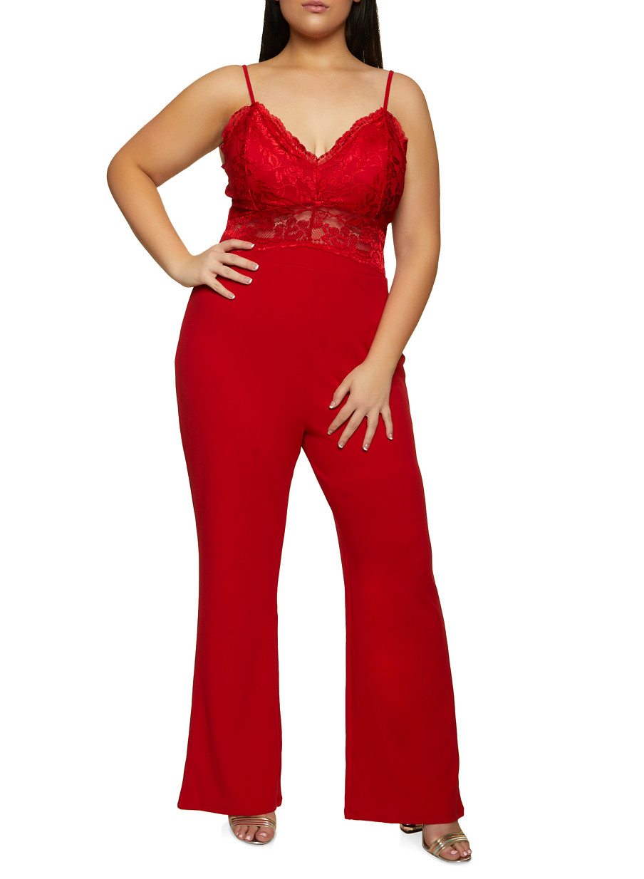 Plus Size Lace and Crepe Knit Cami Jumpsuit