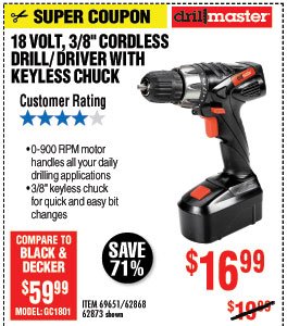 18 Volt 3/8 in. Cordless Drill/Driver With Keyless Chuck, 21 Clutch Settings