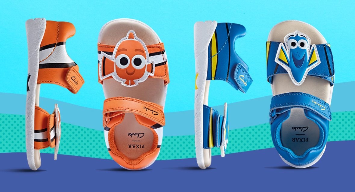 image of sandals from the Finding Nemo X CLarks Kids collection linking to filtered category page