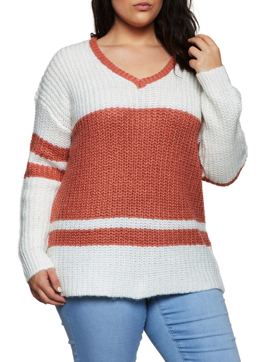 Plus Size Color Block V Neck Sweater