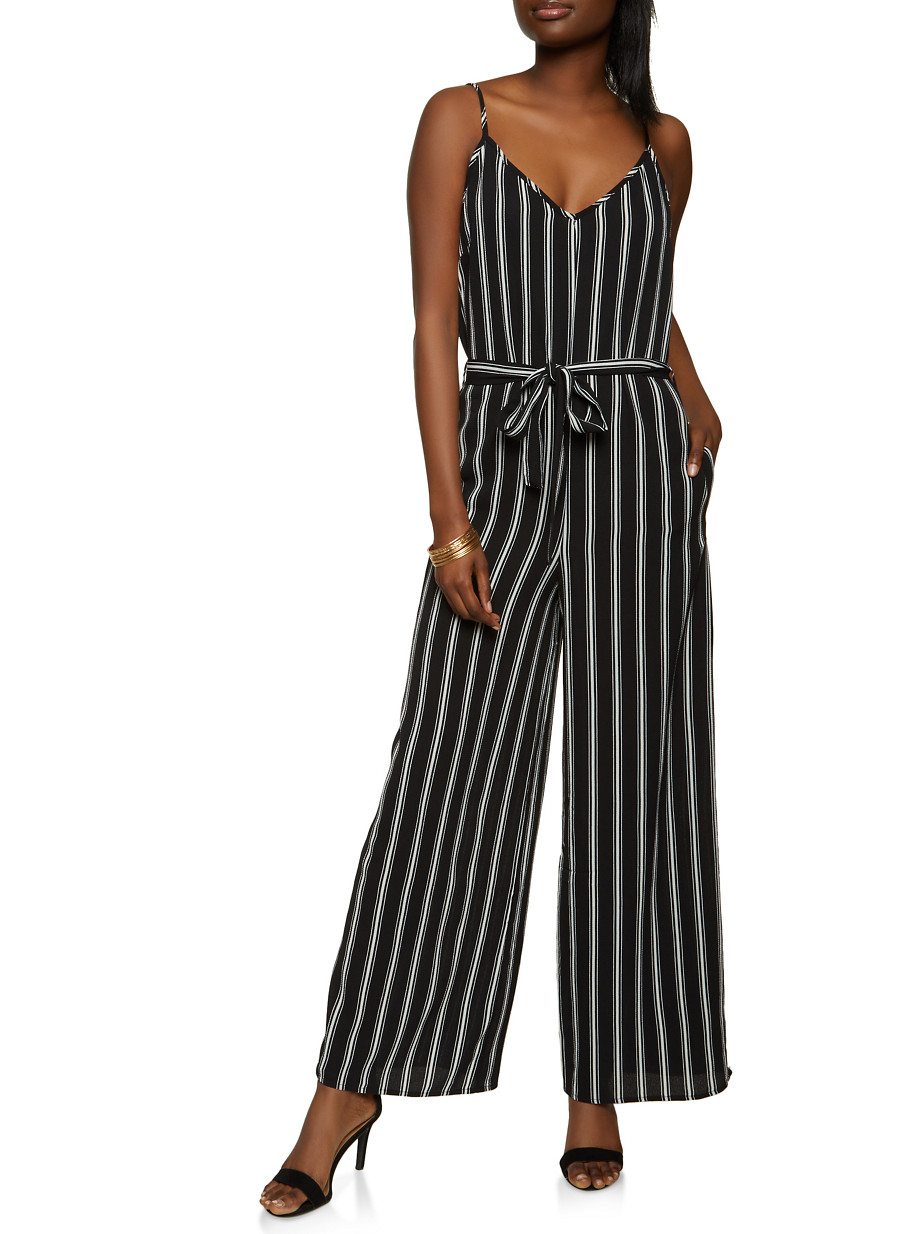 Striped Crepe Knit Tie Waist Jumpsuit