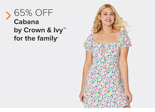 A woman in a white dress with a blue, green and yellow pattern. 65% off Cabana by Crown and Ivy for the family. 