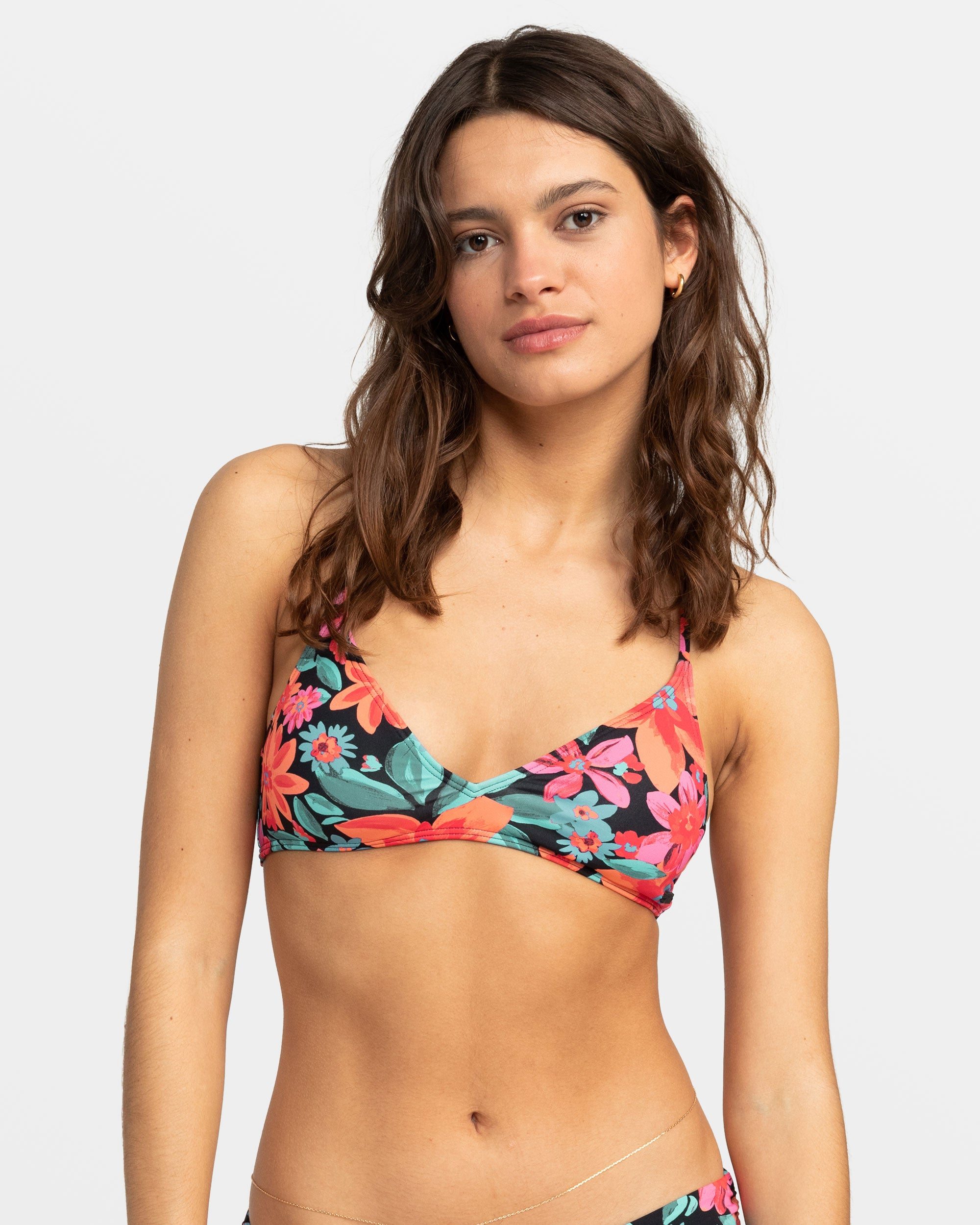 Image of Printed Beach Classics Strappy Triangle Bikini Top - Anthracite Floral Fiesta