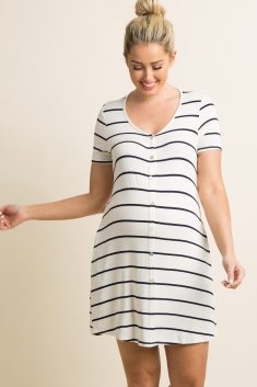 Ivory Striped Button Front Maternity Sleep Dress