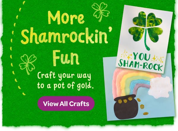 St Patrick's Day crafts of a green, melted crayon shamrock and a painted rainbow with a pot of gold