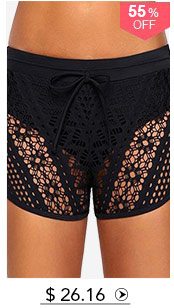 Lace Panel Drawstring Waist Black Swimwear Shorts