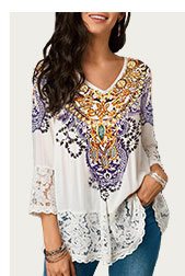 Three Quarter Sleeve Lace Patchwork White Blouse