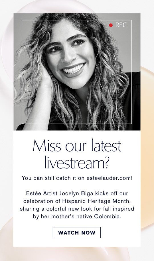 Miss our latest livestream? You can still catch it on esteelauder.com! Estée Artist Jocelyn Biga kicks off our celebration of Hispanic Heritage Month, sharing a colorful new look for fall inspired by her mother’s native Colombia. | Watch Now