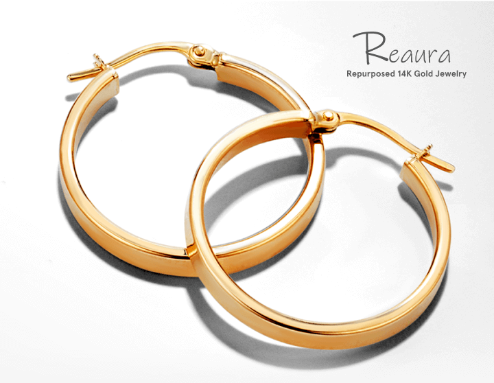 Image showcasing a stunning pair of Reaura 14K Gold Hoop Earrings, on a Gray background.