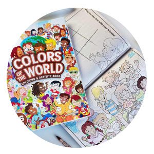 Colors of the World coloring book with multicultural kids on the cover, and an open activity underneath