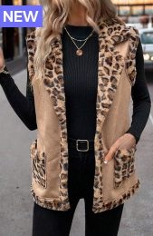 Light Coffee Patchwork Leopard Sleeveless Turn Down Collar Waistcoat