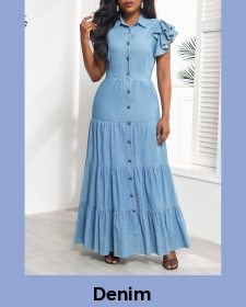 ROTITA Ruffle Denim Blue Shirt Collar Maxi Dress