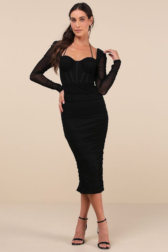 Image of Dramatic Demure Black Mesh Halter Bustier Midi Dress