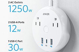 Anker PowerStrip Pad (2x AC Outlets, 2x USB-A Ports, 1x USB-C Port with 30W Power Delivery)