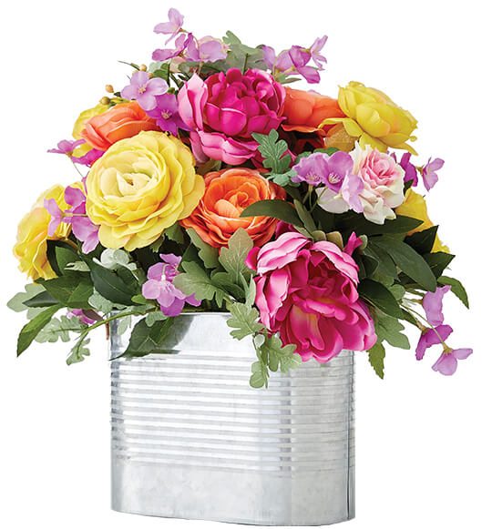 Image of fresh picked spring floral, containers and ribbon.