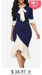 Tie Neck Frill Hem Flare Cuff Sheath Dress