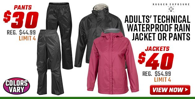 ''Rugged Exposure Adults' Technical Waterproof Rain Jacket or Pants Jackets $40 Pants $30''