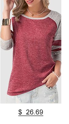 Long Sleeve Round Neck Patchwork Wine Red T Shirt