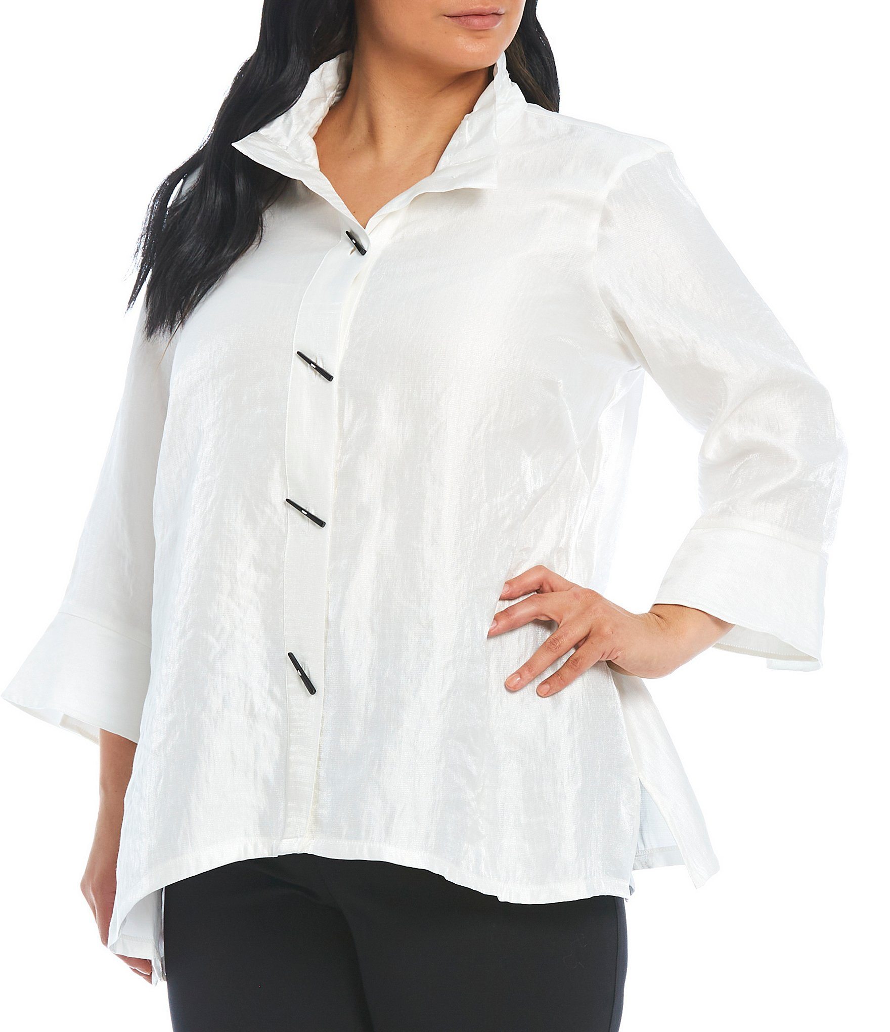 Ali Miles Plus Size Shimmer Button Front 34 Cuffed Sleeve Blouse