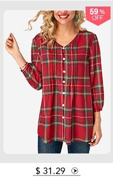 Blouson Sleeve Plaid Print V Neck Blouse