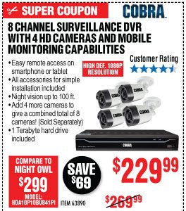 View 8 Channel Surveillance DVR with 4 HD Cameras and Mobile Monitoring Capabilities