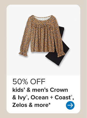 Image of a cheetah print blouse and black pants. 50% off kids' and men's Crown and Ivy, Ocean and Coast, Zelos and more.