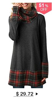 Plaid Cowl Neck Patchwork Dark Grey T Shirt