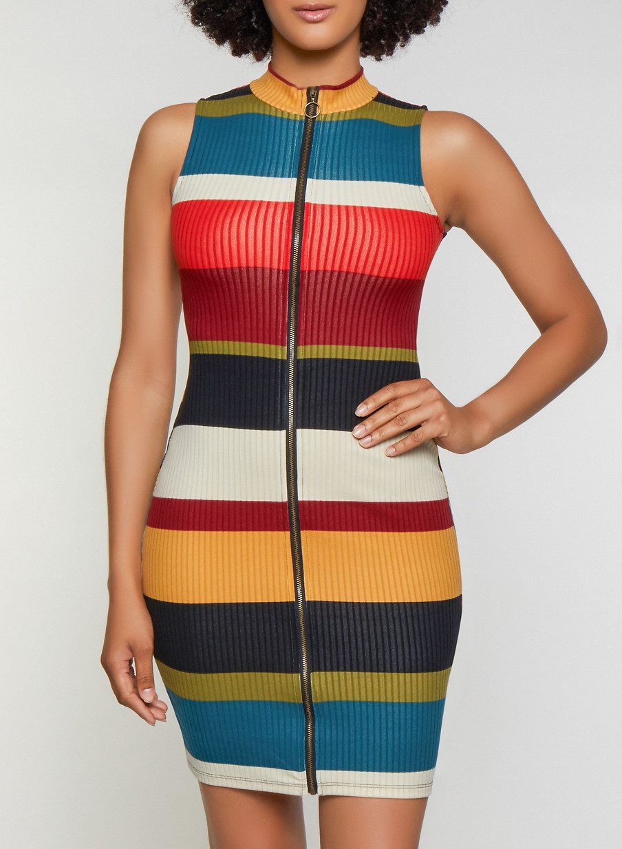 Striped Zip Front Bodycon Dress