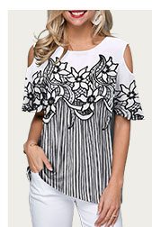 Flower Print Cold Shoulder Striped Blouse