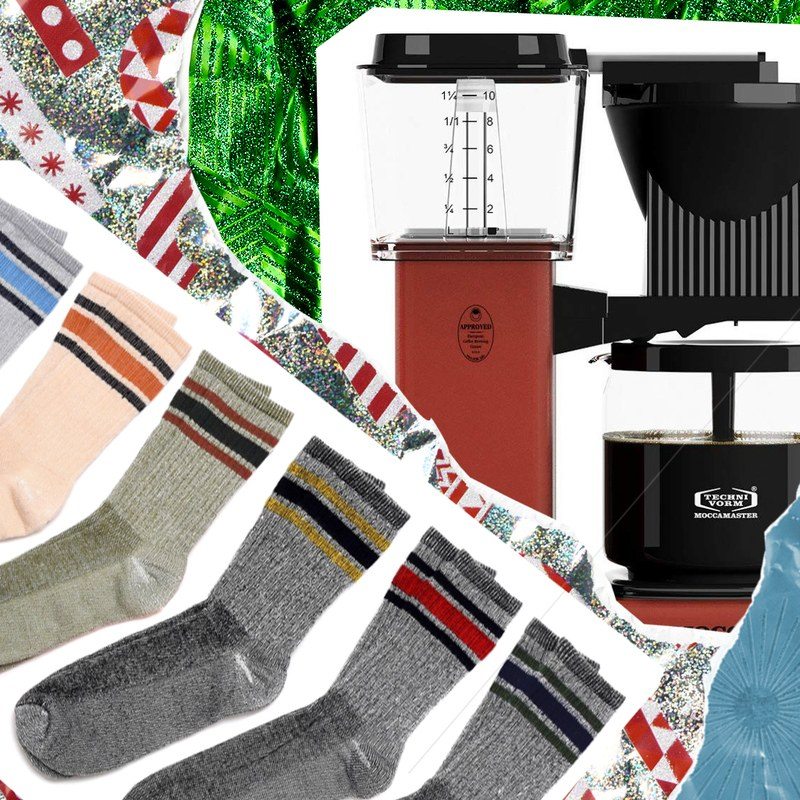 Some of our favorite last-minute Christmas gift ideas include socks, a coffee maker, and a speaker on a wrapping paper background