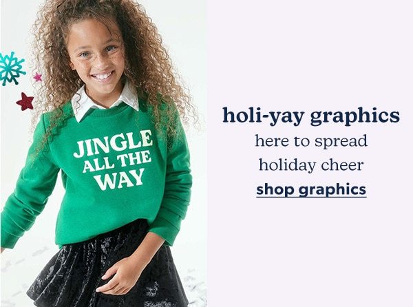 Holi-yay graphics. Here to spread holiday cheer. Shop Graphics. Model wearing evsie clothing.