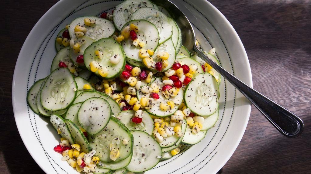 Cucumber and Corn Salad with Pomegranate and Poppy Seeds